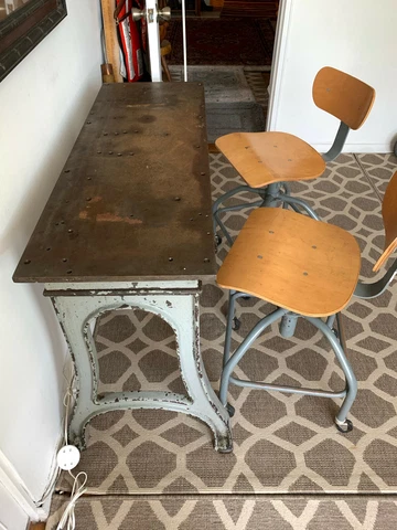INDUSTRIAL STEEL TABLE W/DRAFTING CHAIRS Cover