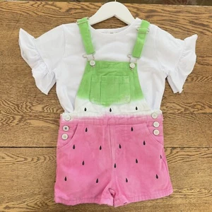 NWOT Girls Watermelon Overall Shorts With White Tee Set Size 3XL Size 6 - Picture 1 of 9
