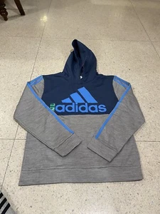 NWT Adidas Boys Blue Gray 3 Stipes Pullover Logo Hoodie Hoody Sz XL 18-20 - Picture 1 of 4