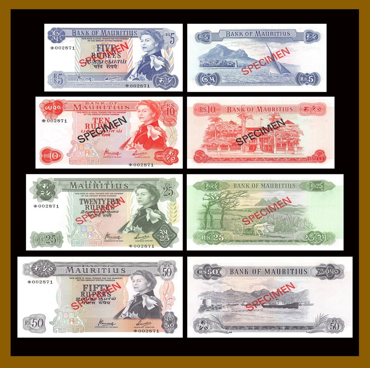 Mauritius 5 10 25 50 Rupees (4 Pcs Set), 1973-1982 P-CS1 Specimen 
