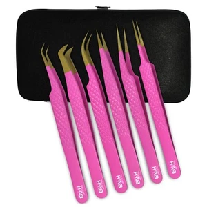 Juego de 6 pinzas profesionales de extensión de pestañas rosa en estuche magnético - Imagen 1 de 5