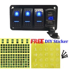 4 Gang Toggle Rocker Switch Panel with USB for Car Boat Marine RV Truck Blue LED