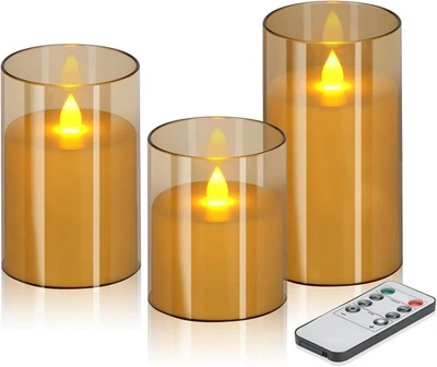 3Pack Gold Glass Flameless LED Candles with Remote Battery Operated Flickering - Image 1 of 4