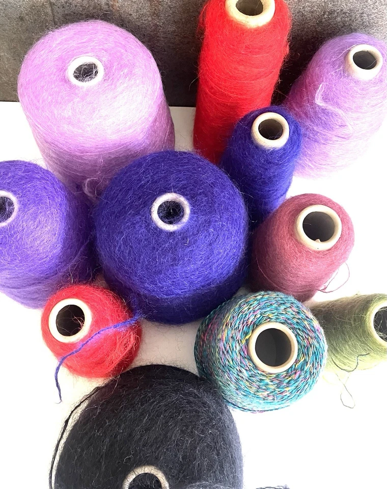 Mohair Wool Cones Vintage x12 various 3 almost full used yarn purple lilac - Image 1 of 4