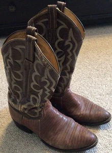 Tony Lama Vintage Used Exotic Western Cowboy Boots Two Tone Brown - Picture 1 of 15