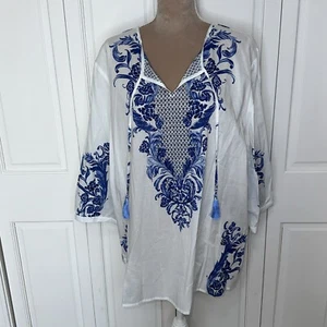 Women’s Chico’s Size 4 NWT Kendra Top Tunic Blue White Beach Cover Up 3/4 Sleeve - Picture 1 of 11