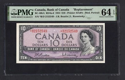 Canada 10 Dollars 1954 BC-40bA "Replacement" Uncirculated Grade 64 - Image 1 of 2