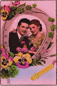 Pareja romántica herradura vintage RPPC B183 - Imagen 1 de 2