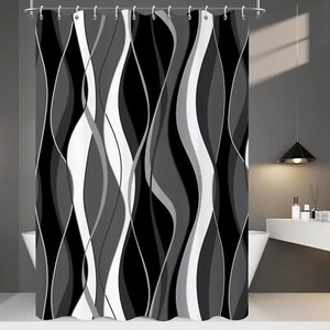 Black Shower Curtain Modern Abstract Black Grey White Striped Minimalist Art ... - Picture 1 of 8