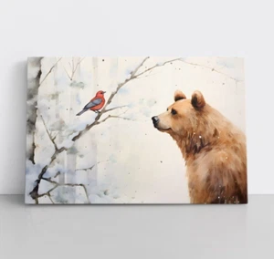 Cute Bear & Cardinal Winter Painting on Framed Canvas Wall Art Print Animals - Picture 1 of 10