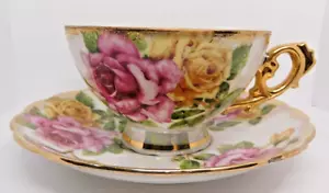 ROYAL SEALY Vintage Sockel Tasse & Jakobsmuschel Untertasse Glanzgeschirr Gold Vergoldung Japan - Bild 1 von 13