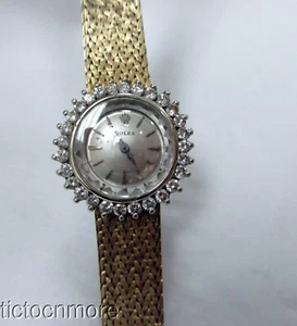 VINTAGE 14K GOLD MONTRES ROLEX MESH BRACELET WATCH ref 55305 DIAMOND HALO BEZEL - Picture 1 of 21