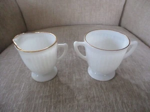 VINTAGE WHITE OPAQUE TRANSLUCENT MILK GLASS sugar and creamer Gold Trim - Picture 1 of 18