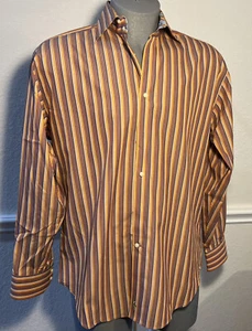Tailorbyrd Mens Button Front Long Sleeve Cotton Brown Stripe Shirt Medium L - Picture 1 of 7