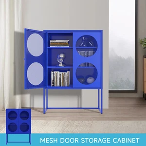 Metal Storage Cabinet Sideboard with 2 Circle Mesh Doors for Dining Room Blue 6R - Picture 1 of 11