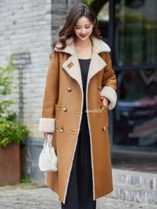 Womens 100% Wool Lamb Fur Shearling Long Reversible Coats Warm Buttons Overcoats - Picture 1 of 26