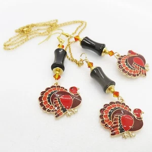 Golden Enamel Thanksgiving Turkey & Glass Bead Necklace & Earrings By SoniaMcD - Picture 1 of 16