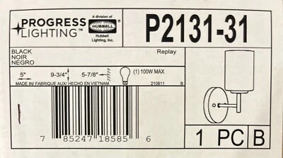 Progress Lighting P2131-31 Replay 1-Light Wall Sconce Vanity Light 5-1/4” Black - Image 1 of 3