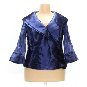 NEW DRESSBARN 16 BLUE SATIN BACK ZIPPER RUFFLES WIDE DOUBLE COLLAR LINED 44" B - Bild 1 von 7