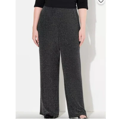 Calça Selection Ulla Popken feminina 24 preta prata metálica cintilante perna larga - Imagem 1 de 4