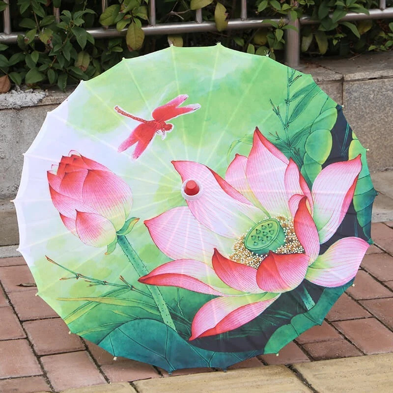 Sombrilla Paraguas Vintage Chino Tradicional Floral Impermeable Tela Varilla Madera Foto 1 de 4