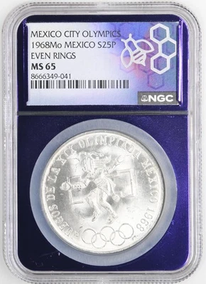 1968 Mo Mexico City Olympics Silver 25 Pesos NGC MS-65 Purple Core EVEN RINGS - Image 1 of 2