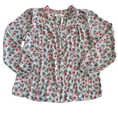 Petite Loft Floral Peasant Ruffle Neck Blouse Top Women’s SP Long Sleeve Buttons - Image 1 of 4