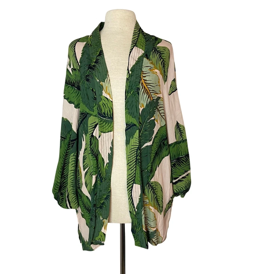 Soft Surroundings Kimono Cardigan L XL Tropical Leaf Print Beige Green Resort - Image 1 of 4