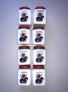VTG Tipp City McKee  White Milk Glass Spice Shakers Lot of 8 Poppy Black Leaf - Picture 1 of 16