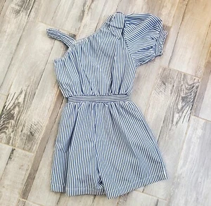 HABITUAL Kids Girl's Off Shoulder Blue/ White Strip Romper Size 12 - Picture 1 of 7