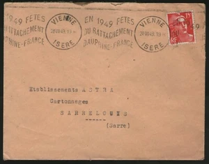 FRANCE:  Isère (VIE206) / VIENNE, En 1949 FETES... sur lettre de 1949 - Picture 1 of 2