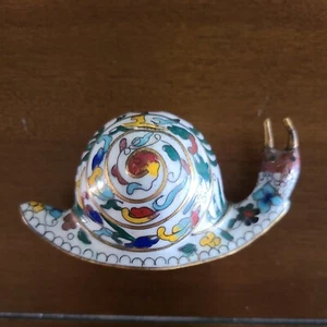 Mid-Century Snail Brass Cloisonne Enamel Vintage Floral Handmade Lotus Flower - Picture 1 of 11