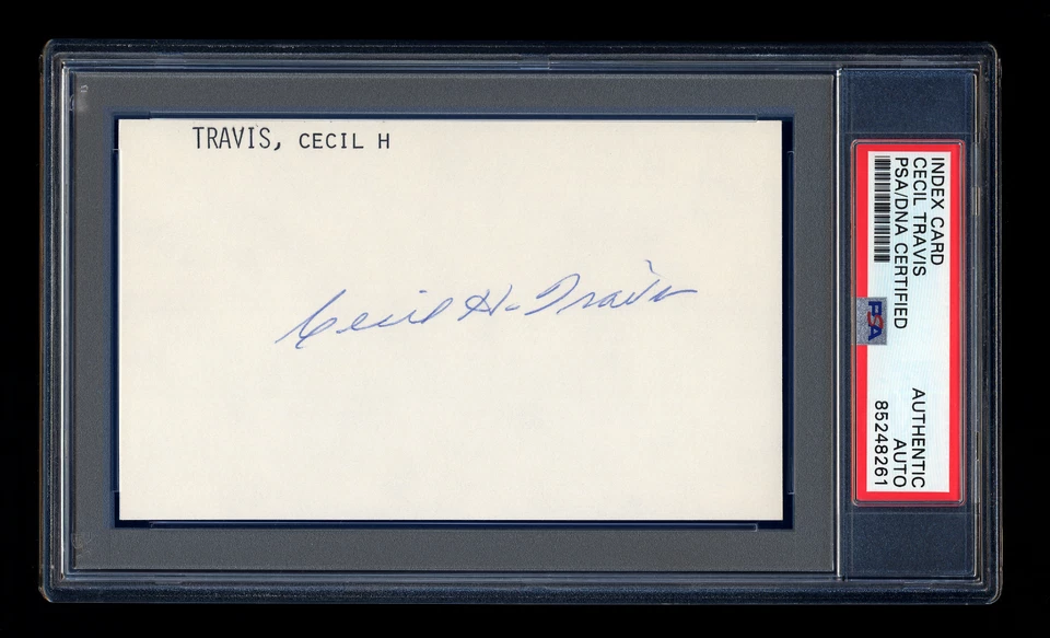 CECIL TRAVIS SIGNED MINT INDEX CARD PSA/DNA AUTO SENATORS ALL STAR .314 BA - Image 1 of 1