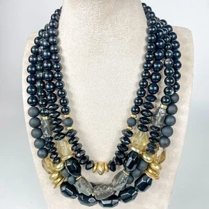 Chicos Amelia Black Multistrand Chunky Necklace Gold Tone Clear Bead Accents - Picture 1 of 4