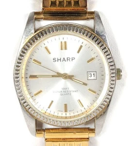 Vintage Sharp Watch Men Gold Silver shp-3160 Round Date 30M Stretch 35MM #A043 - Picture 1 of 9