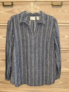Chico's Blau Leinenmischung V-Ausschnitt Metallic Langarm Freizeit Küste Größe 2 - Bild 1 von 3