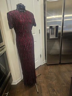 Vintage Silk Stenay Victorian Burgundy And Black Beaded Sequin Long Dress Gown 8 - Image 1 of 4