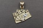 10K Solid Yellow Gold 20MM Two Tone Four Of Ace Card Charm Pendant. AAAA