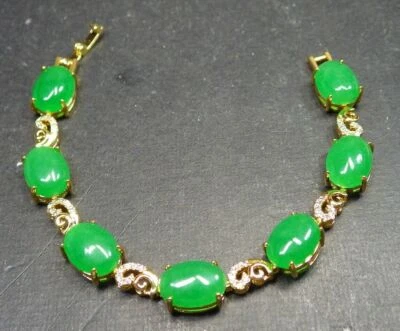 Brazalete Brazalete Genuino Verde Jade Cabujón Circonita Cúbica Nube Flor 18KGP Foto 1 de 4