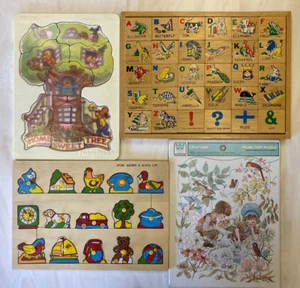 LOT of 2 WOODEN tray puzzles: Alphabet/Farm Animals/Numbers/Symbols/ABCs VINTAGE - Picture 1 of 8