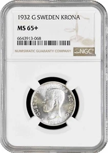 Sweden 1 krona 1932 G, NGC MS65+, "King Gustaf V (1908 - 1950)" Top Pop 1/2 - Picture 1 of 2