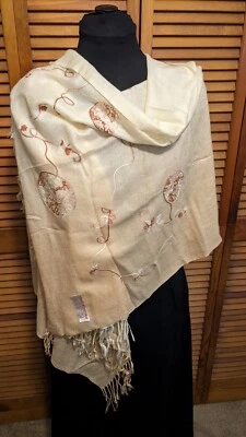 Embroidered Pashmina Cashmere Silk Scarf Shawl Floral Beige Ombre Crewel - Image 1 of 4