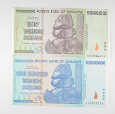 2008 100 & 50 TRILLION Dollar Zimbabwe Uncirculated Notes Set 2 Authentic *106