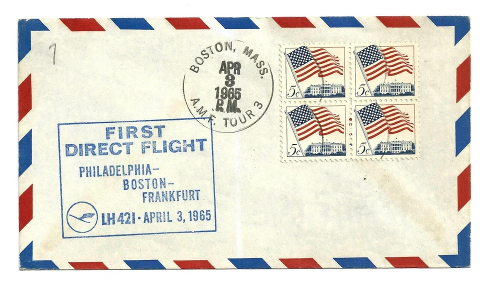 U.S. Air Mail First Flight Cover - Lufthansa  Philadelphia-Boston-Frankfurt 1965 - Image 1 of 2