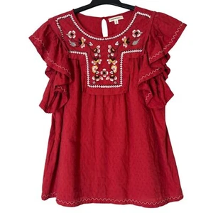 Max Studio Red Floral Embroidered Blouse Womens Sz M Ruffle Sleeve Cotton Boho - Picture 1 of 10