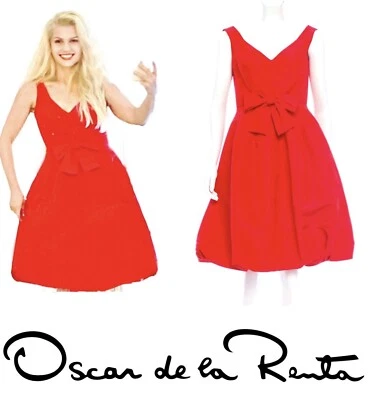 3K New Oscar De La Renta 2010 Red Vintage Midi Party Prom Dress 4 6 Gown Bow S M - Image 1 of 4