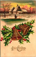 Gilt Bells Holly Winter Cabin Scene Embossed A Merry Christmas 1908 Postcard C4