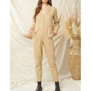 Entro Jumpsuit Women's Small Sand Tan Utility Jumpsuit Pockets Snap Button NWT - Picture 1 of 5