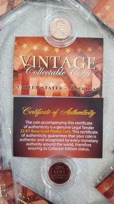 Vintage Lincoln Wheat Cent 22KT Rose Gold Plated With COA - Image 1 of 2