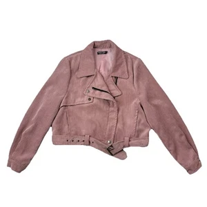 Nasty Gal Collection Jacket S Moto Dusty Pink Corduroy Crop Zipper Snap Buckle - Picture 1 of 24